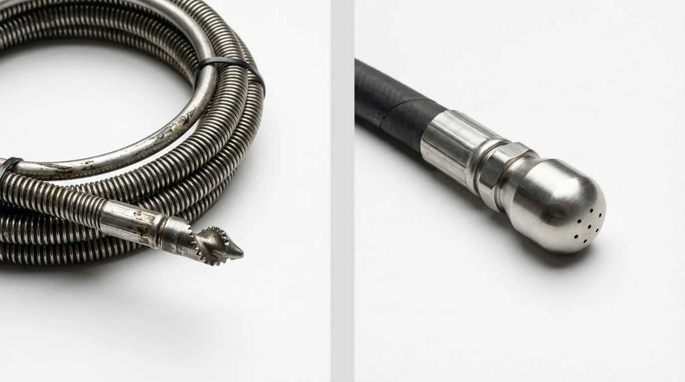 Drain snake cable and hydro jetting nozzle used for drain cleaning in Hamilton, AL
